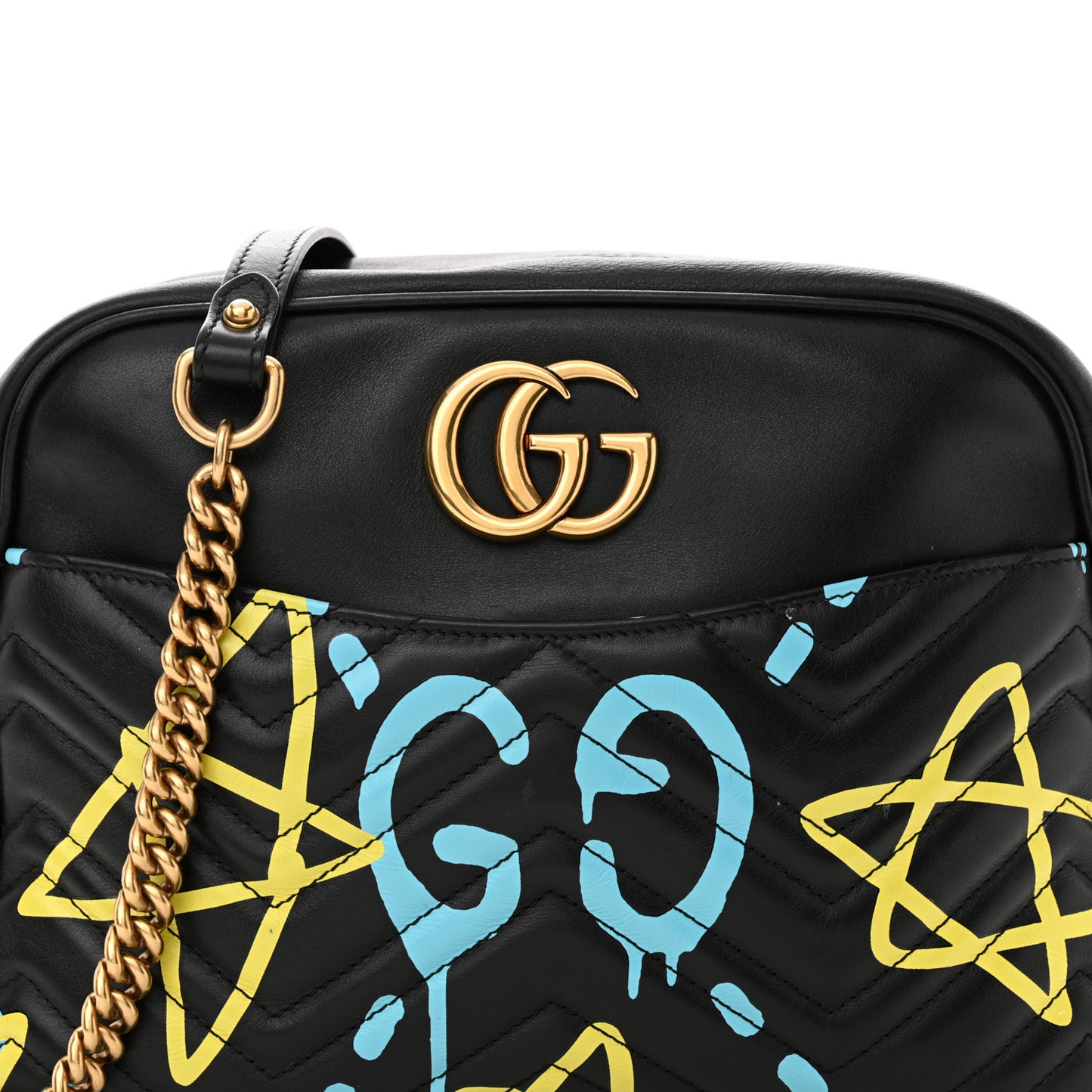 Calfskin Matelasse GucciGhost Medium GG Marmont Chain Shoulder Bag Black New Acquamarine