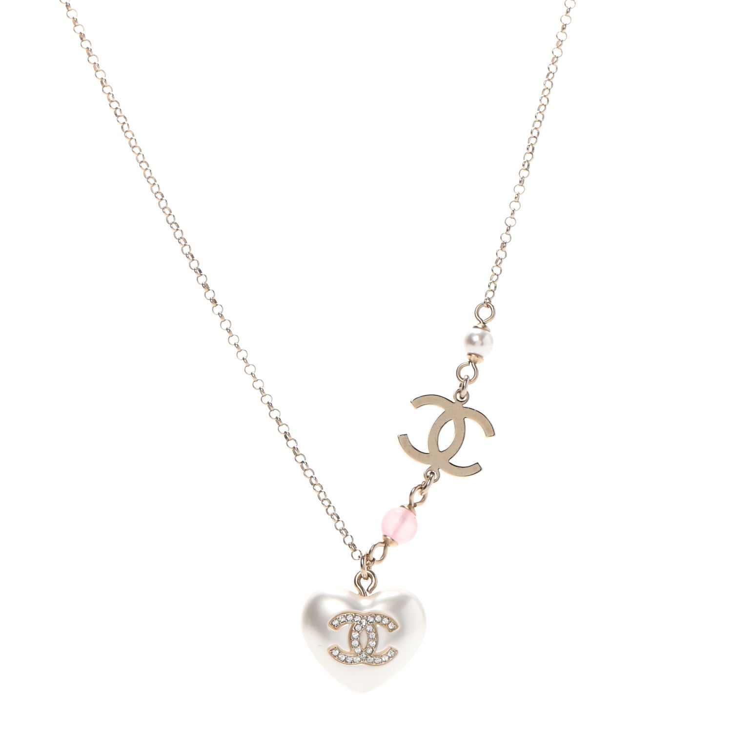 Chanel Resin Crystal CC Heart Necklace Pearly White Gold 1 of 6
