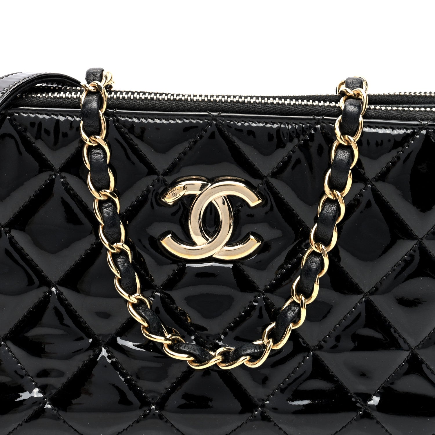 Chanel Patent Quilted Crown CC Double Zip Bag Black 10 of 12