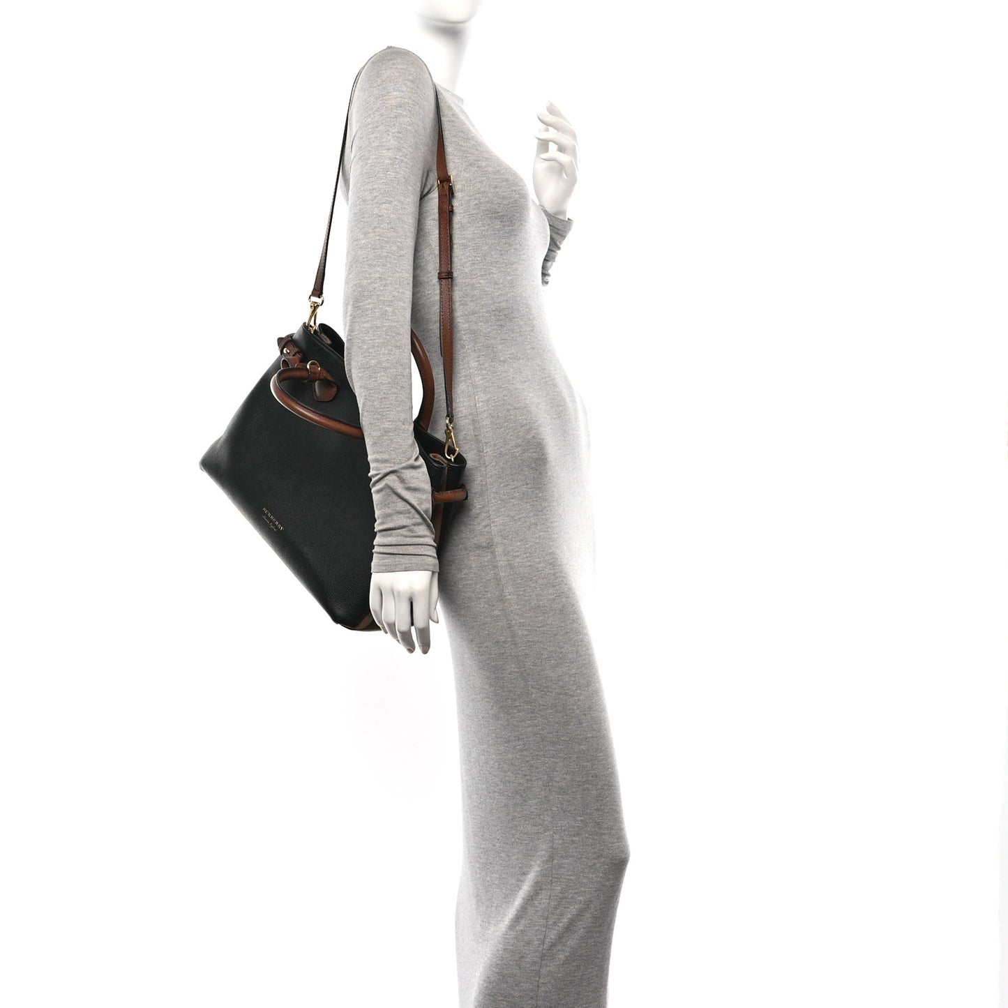 Grainy Calfskin House Check Two Tone Medium Banner Tote Black Brown