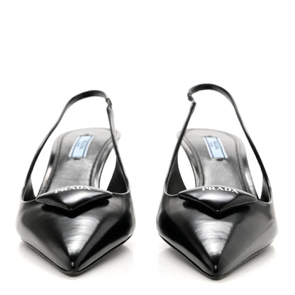 Prada Spazzolato Triangle Logo Pointed Toe 75mm Slingback Pumps 39 Black 2 of 8