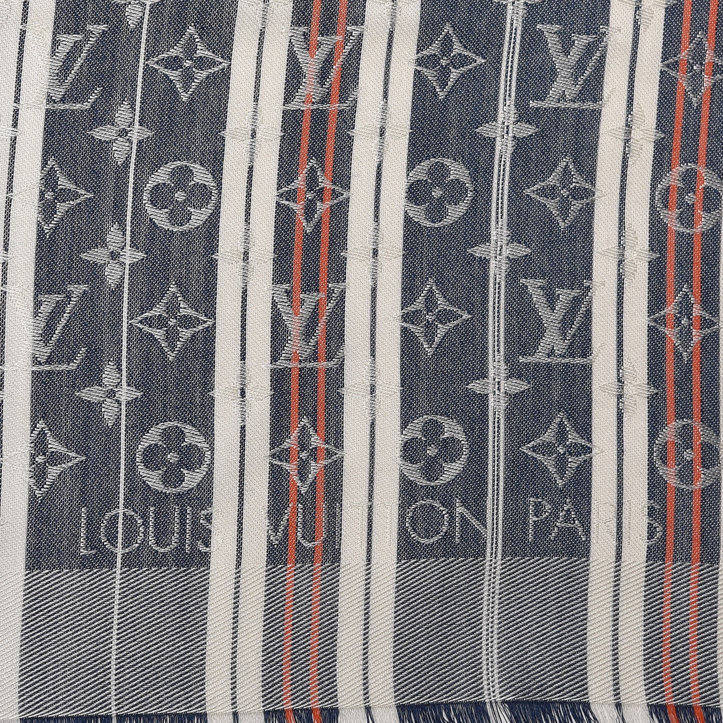 Silk Wool Monogram Mattress Stripes Shawl Blue Jean