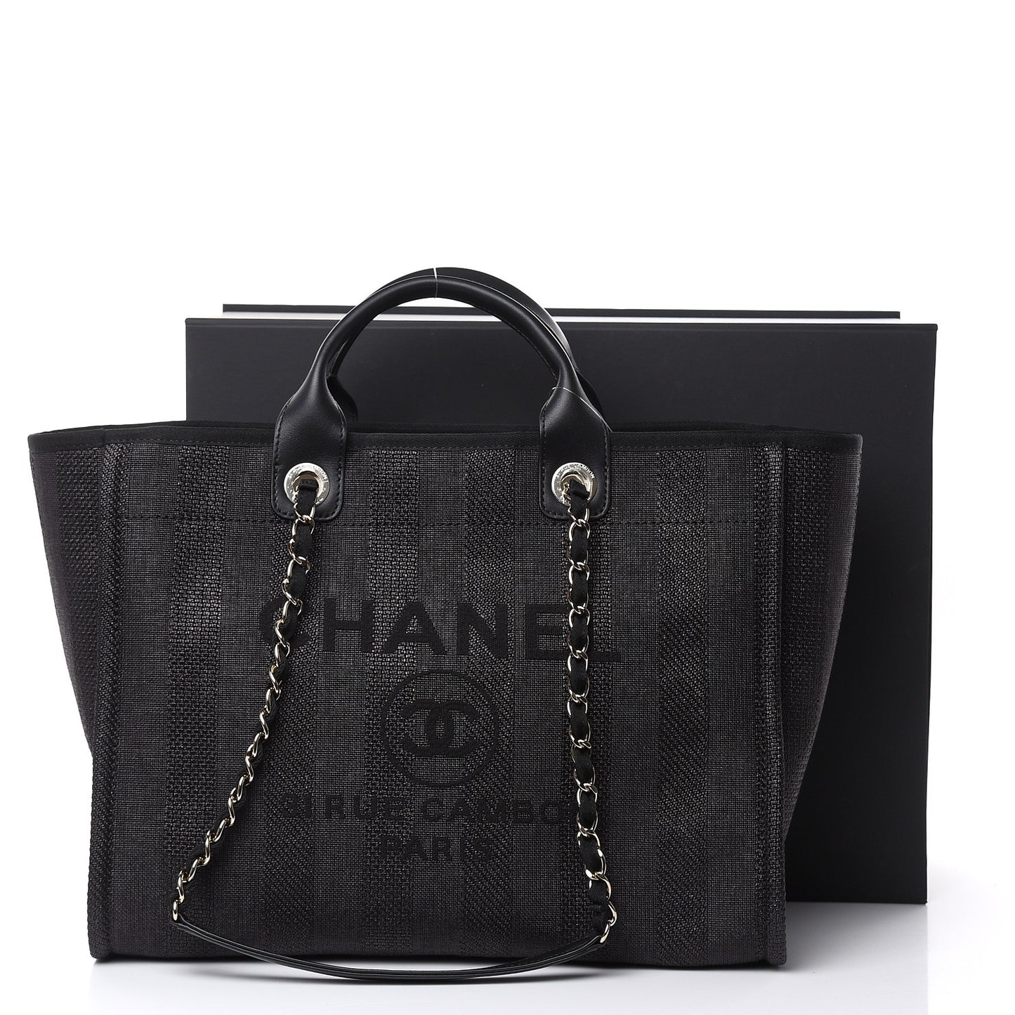 Woven Straw Raffia Striped Large Deauville Tote Black