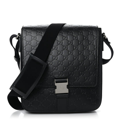 Gucci Guccissima Signature Single Buckle Flap Messenger Bag Black 1 of 9