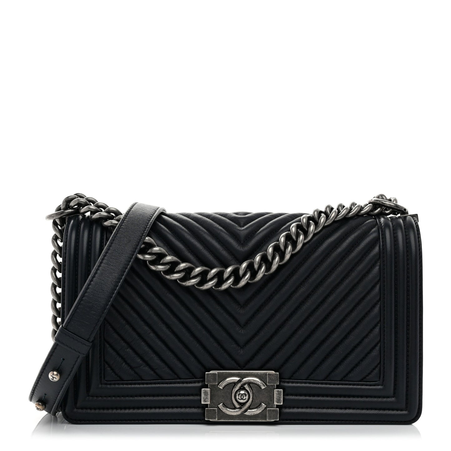 Calfskin Chevron Quilted Medium Boy Flap Navy Blue