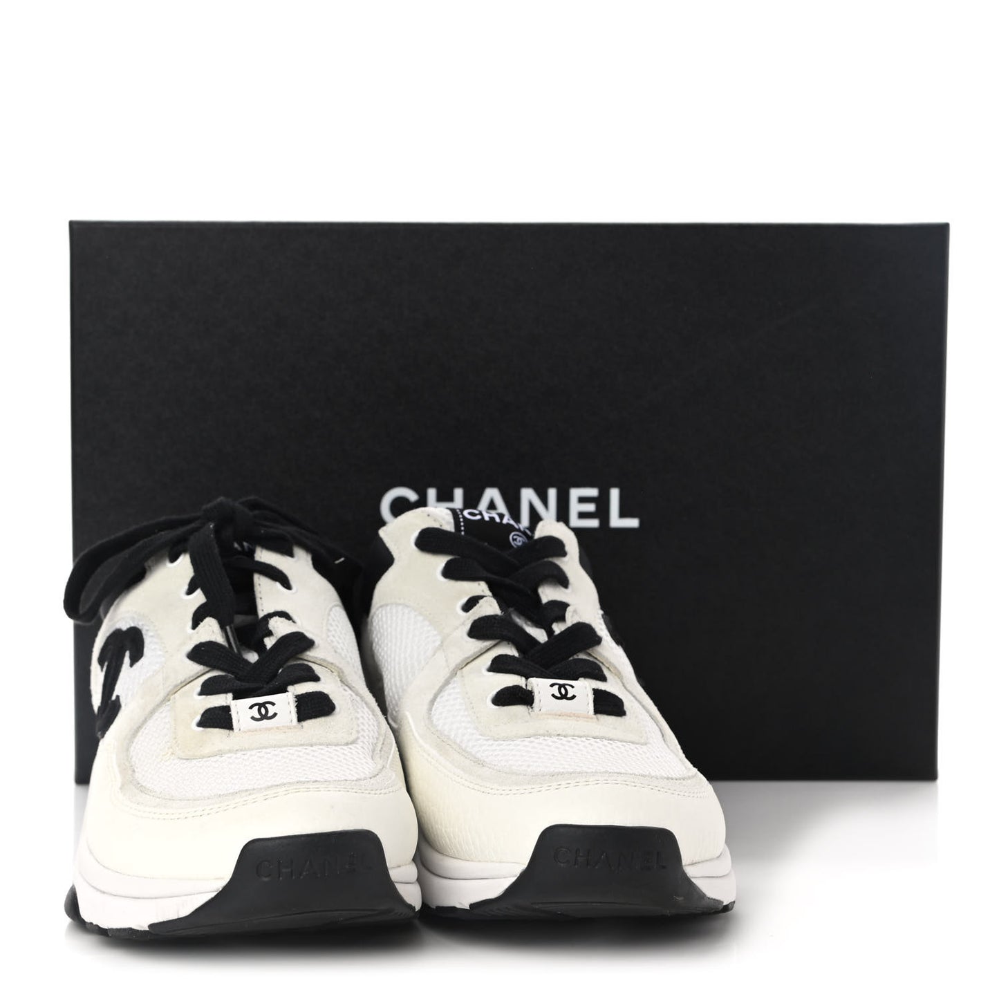 Mesh Suede Calfskin Grained Calfskin Womens CC Sneakers 37.5 White Black