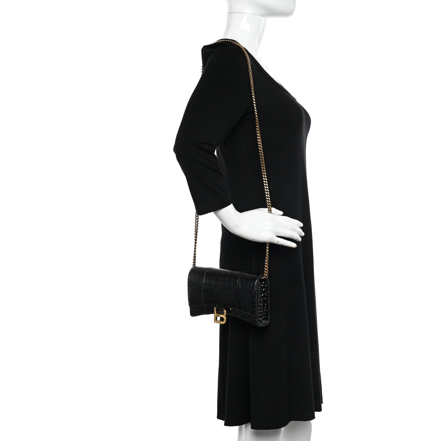 Balenciaga Shiny Calfskin Crocodile Embossed Hourglass Chain Bag Black 2 of 10