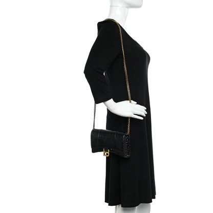 Balenciaga Shiny Calfskin Crocodile Embossed Hourglass Chain Bag Black 2 of 10