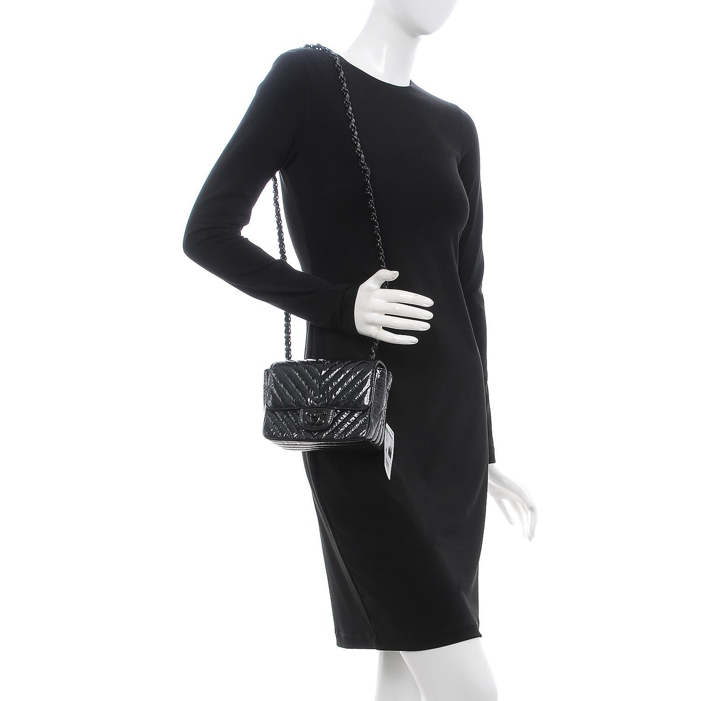 Metallic Patent Crumpled Calfskin Chevron Quilted Mini Square Flap Black