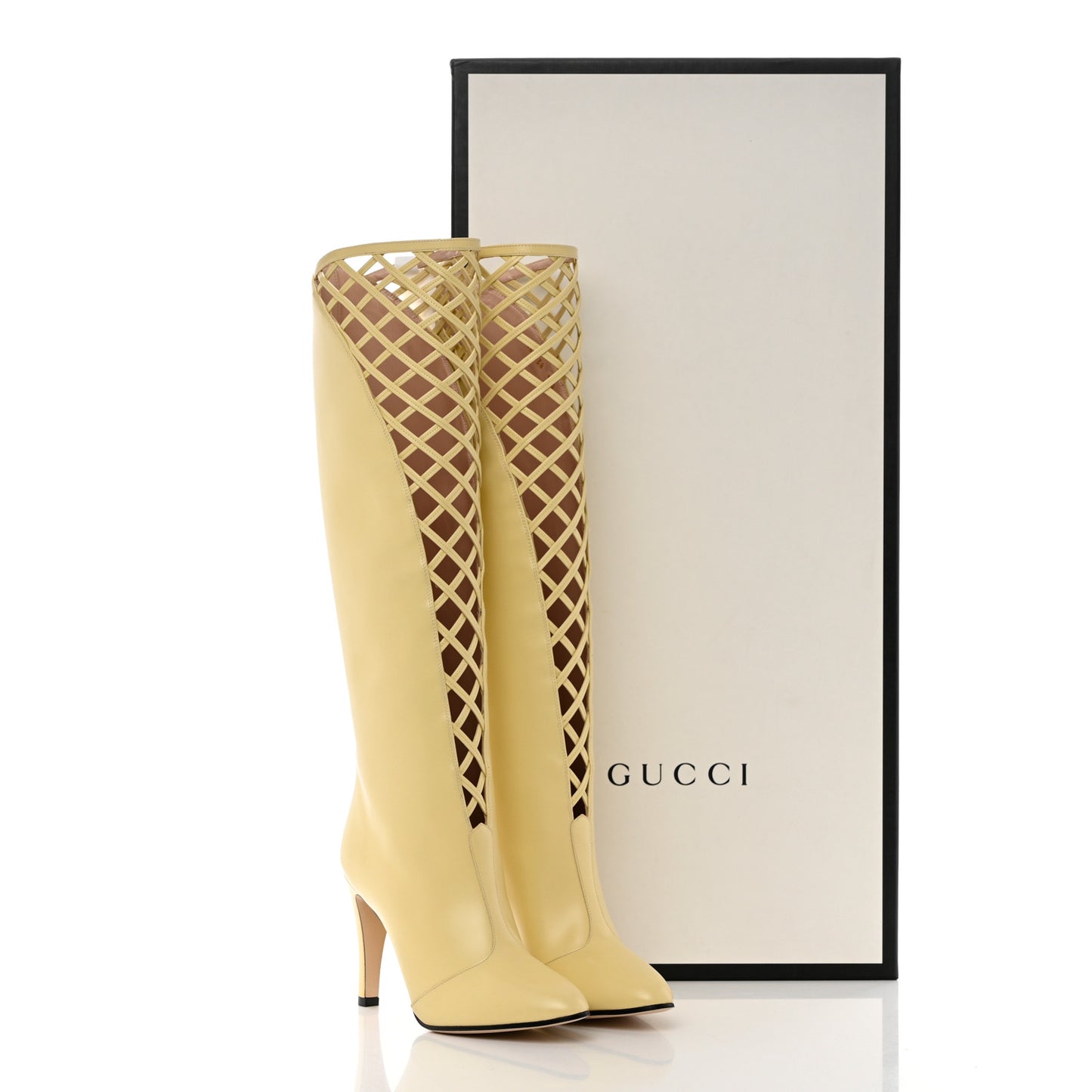 Plume Calfskin Damir Lattice Cutout Knee High Boot 38 Butter