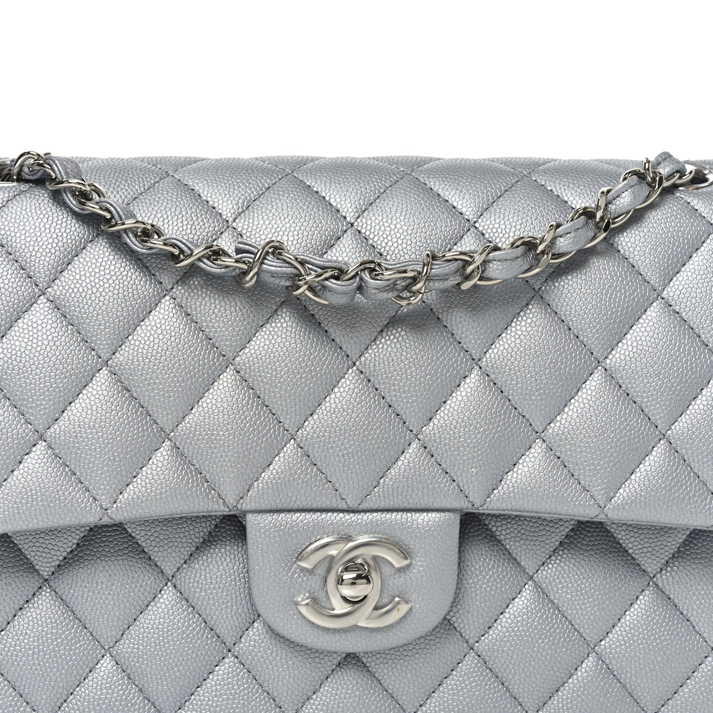 Metallic Caviar Quilted Medium Double Flap Silvery