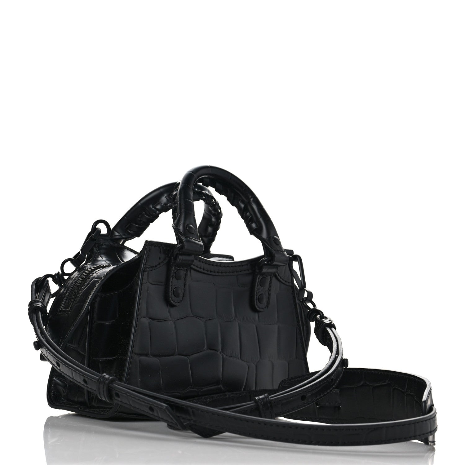 Balenciaga Semi Shiny Calfskin Crocodile Embossed Neo Classic Black Hardware Nano City Crossbody Black 3 of 8