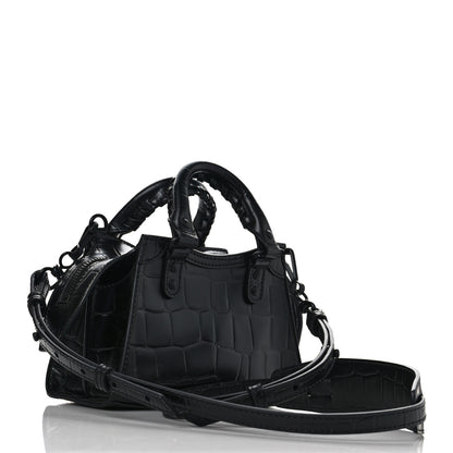Balenciaga Semi Shiny Calfskin Crocodile Embossed Neo Classic Black Hardware Nano City Crossbody Black 3 of 8
