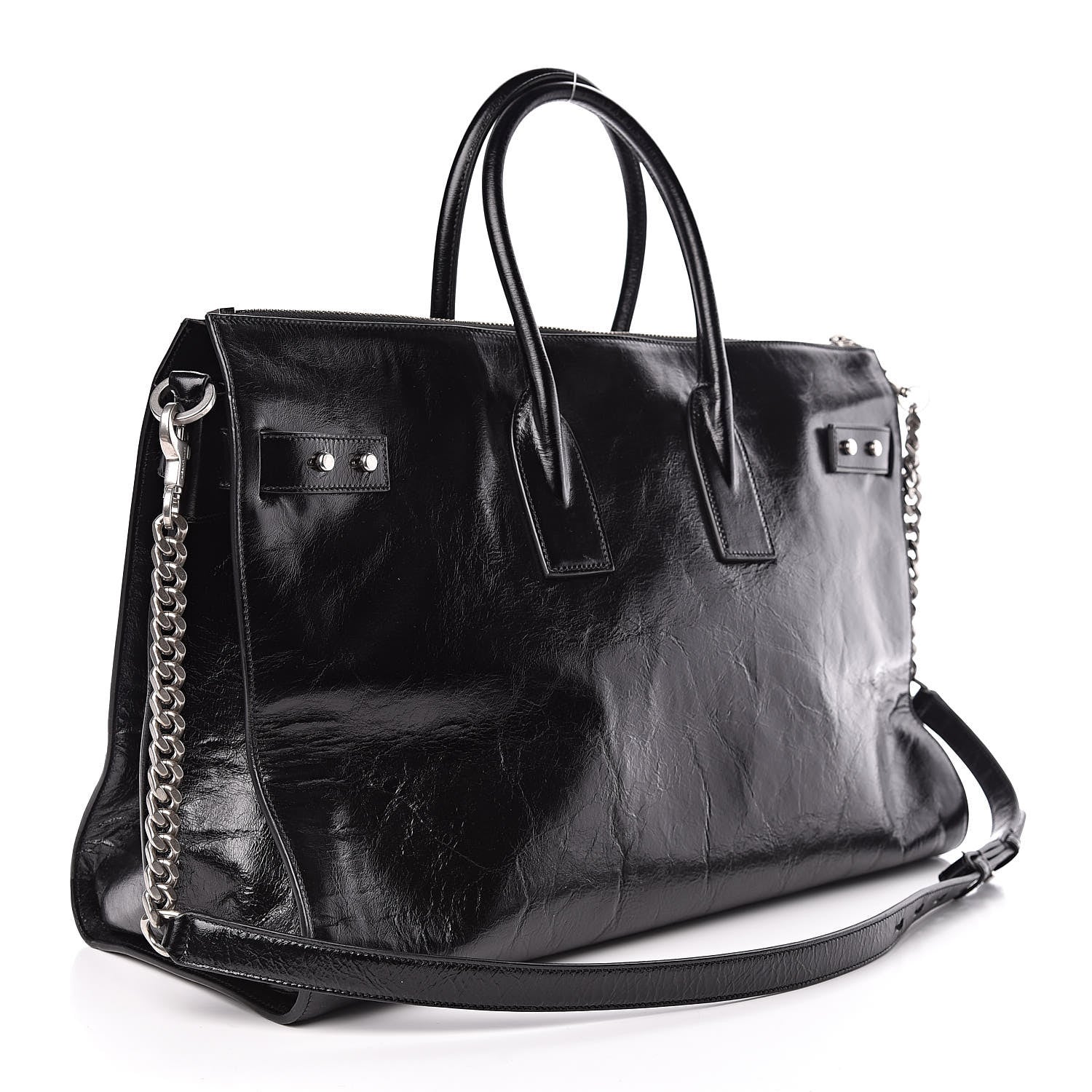 Saint Laurent Cracked Shiny Calfskin Souple 36H Sac De Jour Duffle Black 3 of 11