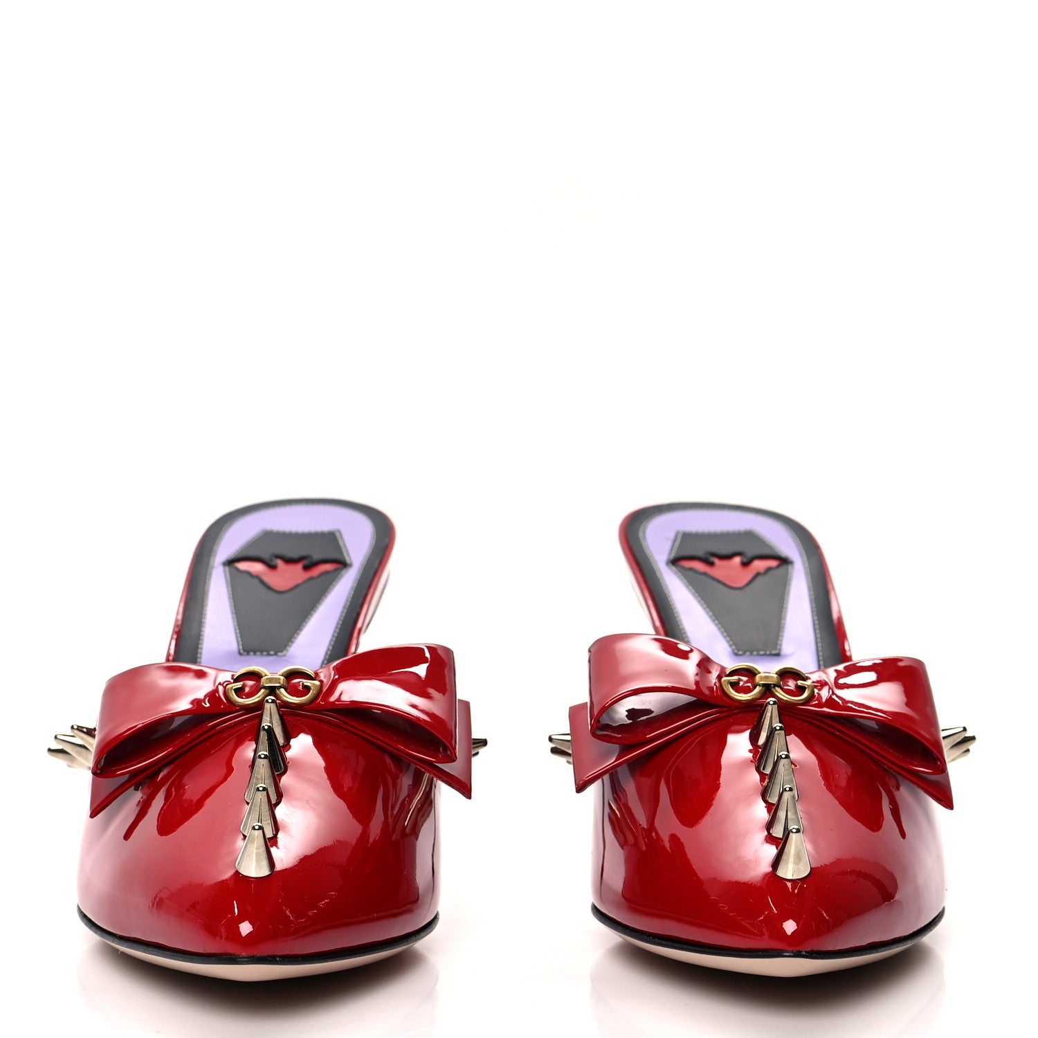 Gucci Patent GG Bow Sadie Spike Mid Heel Mules 37 Red 2 of 7
