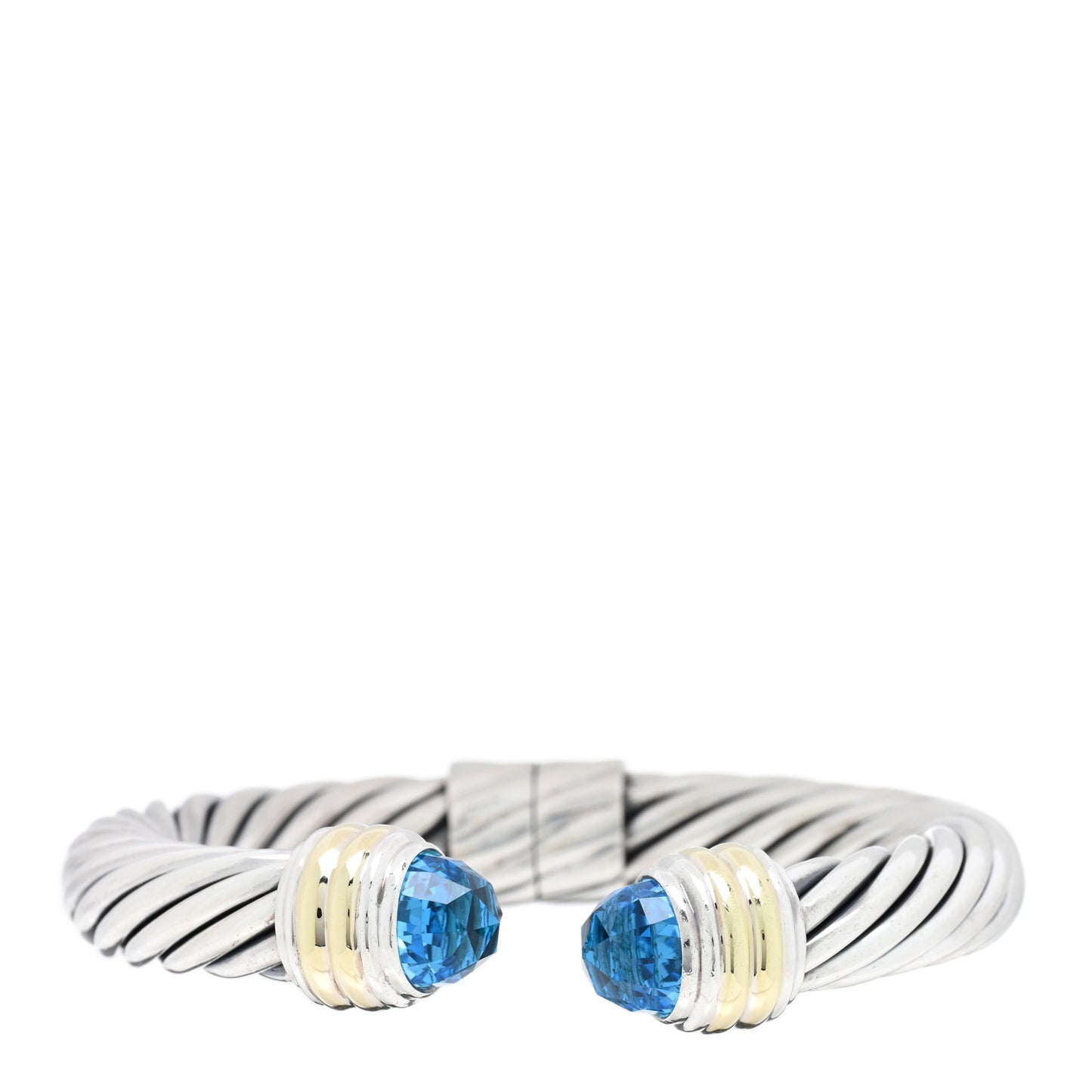 Sterling Silver 14K Yellow Gold Blue Topaz 10mm Cable Classics Hinged Bracelet