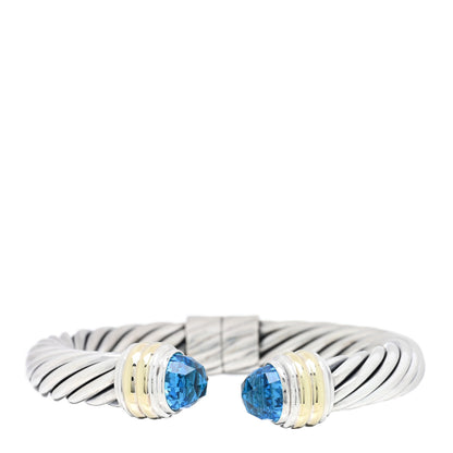 David Yurman Sterling Silver 14K Yellow Gold Blue Topaz 10mm Cable Classics Hinged Bracelet 1 of 3