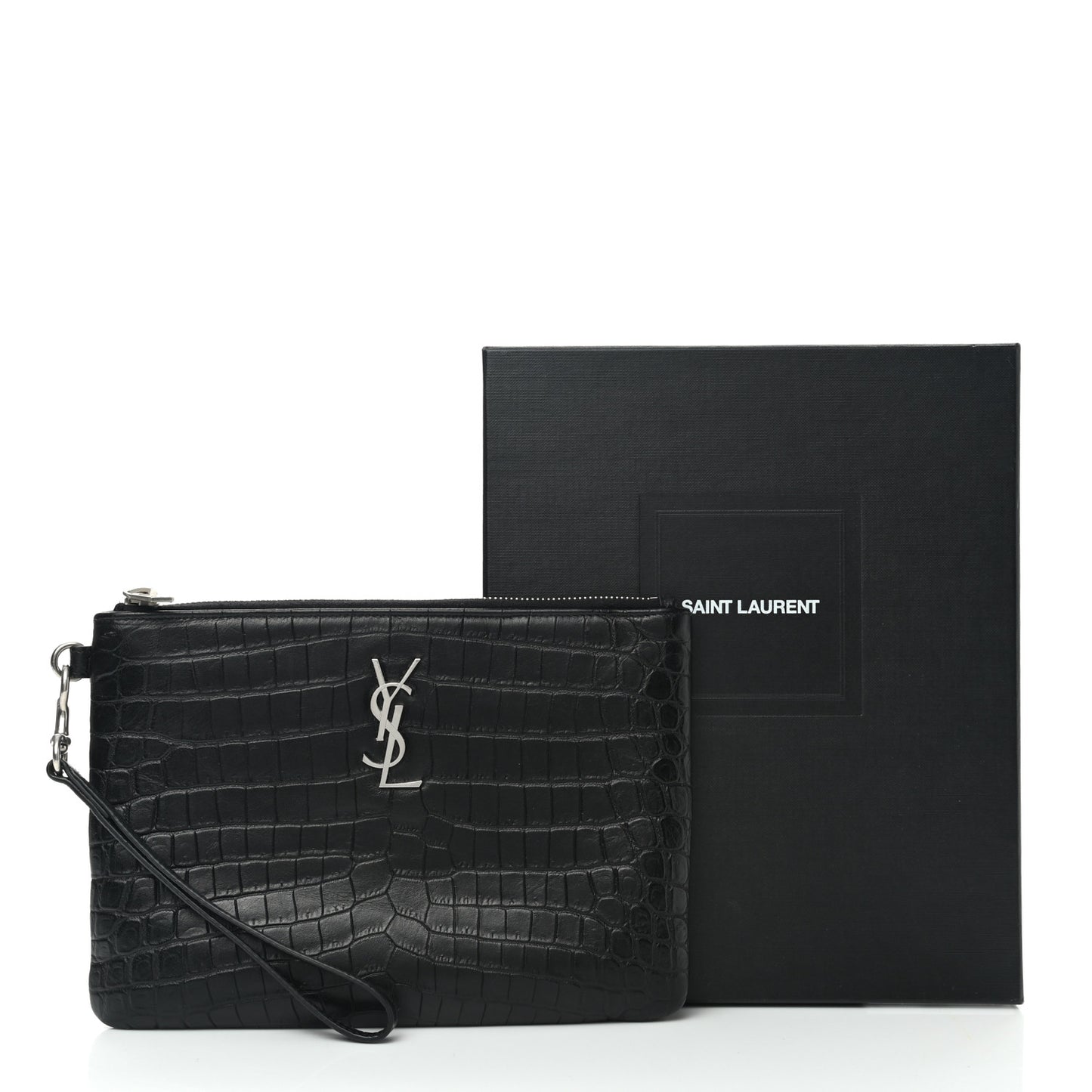 Calfskin Crocodile Embossed Monogram Zip Pouch Black