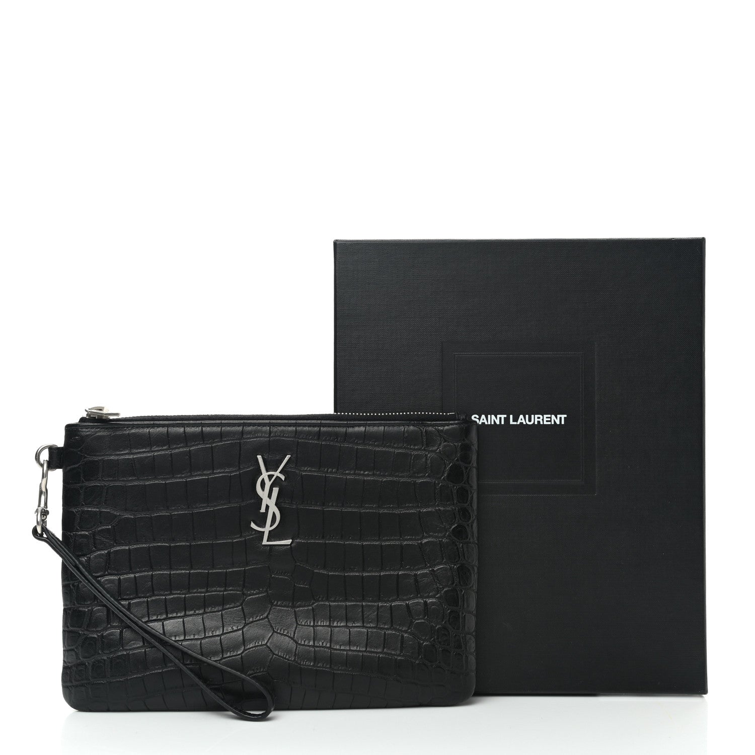 Saint Laurent Calfskin Crocodile Embossed Monogram Zip Pouch Black 8 of 8