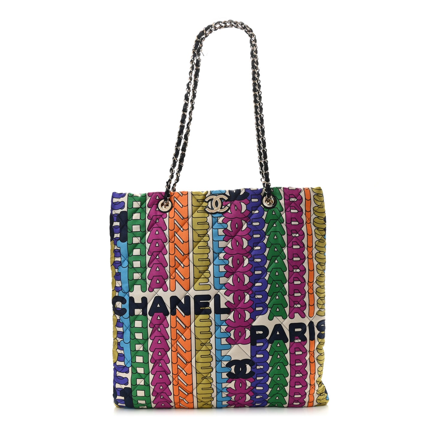 Printed Fabric Quilted Logo Large Shopping Tote Multicolor