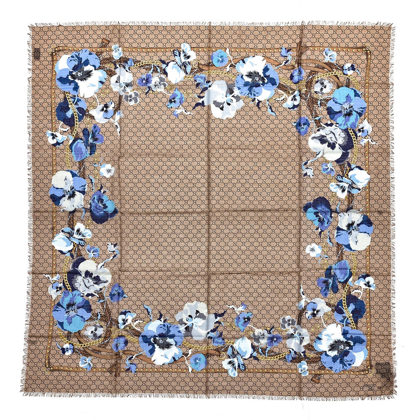 Wool Jacquard GG Monogram Big Panshie Fringe Shawl Sapphire Beige