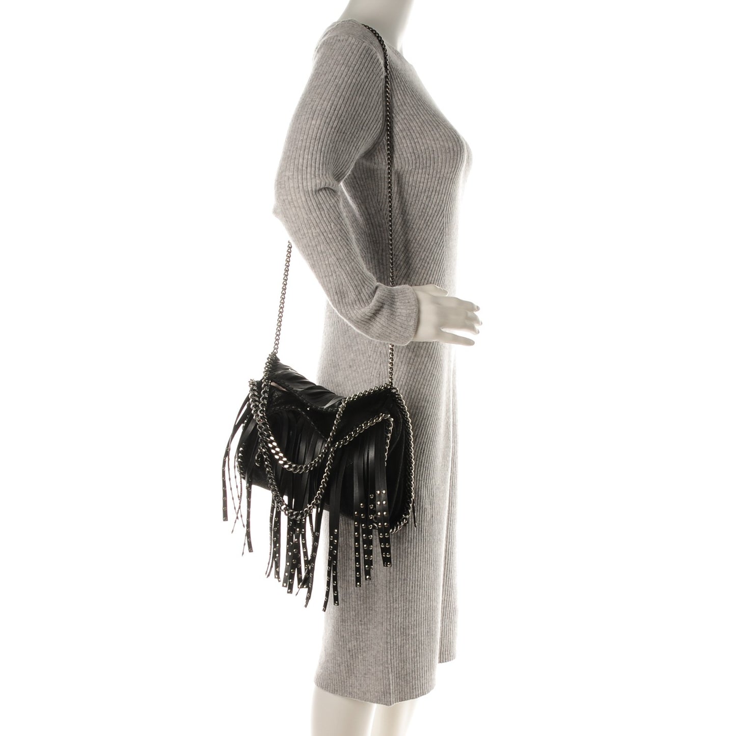 Faux Leather Mini Falabella Studded Fringe Tote Black