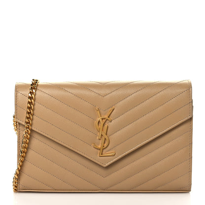 Saint Laurent Grain De Poudre Matelasse Chevron Monogram Chain Wallet Dark Latte 1 of 10