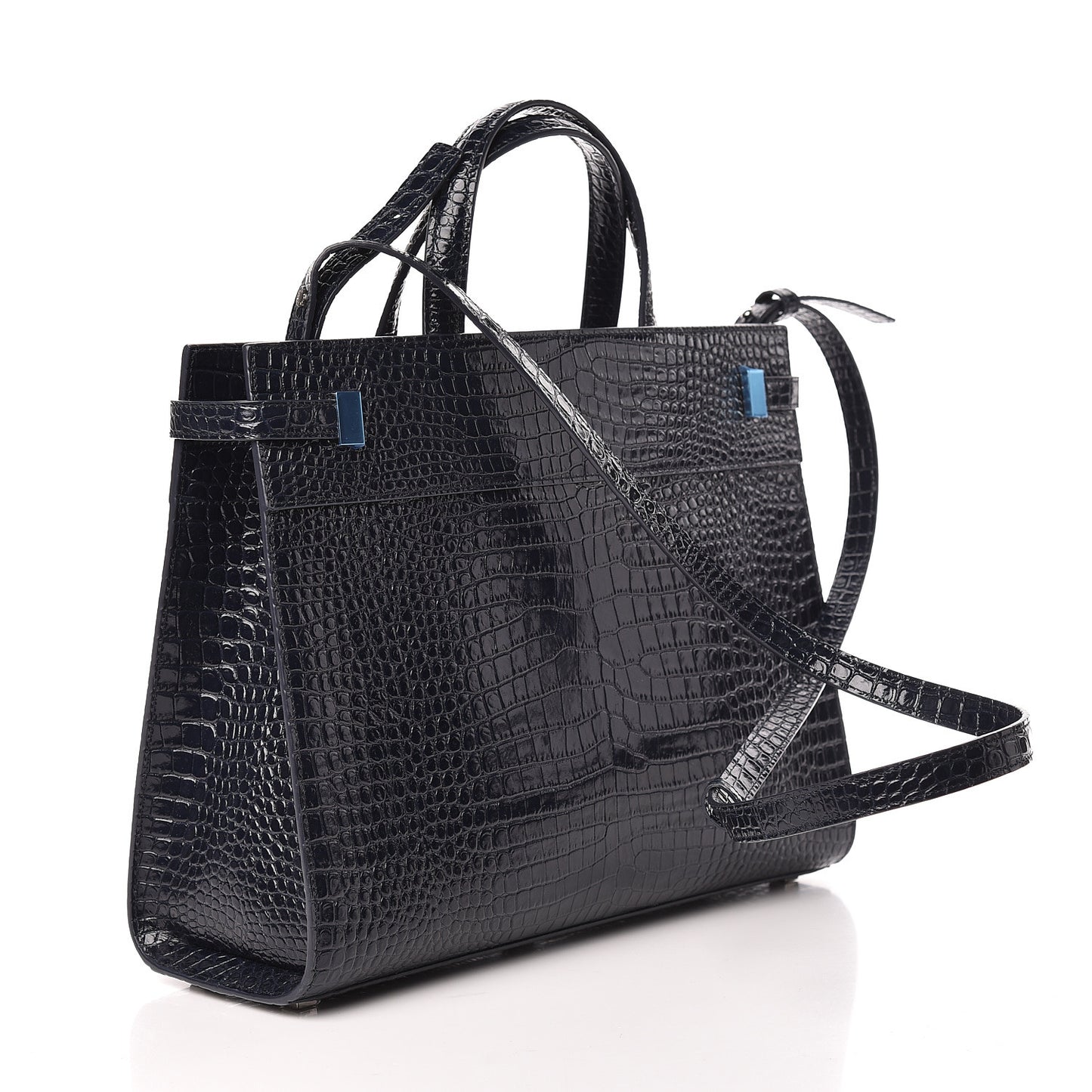 Shiny Calfskin Crocodile Embossed Small Manhattan Shopper Tote Deep Marine