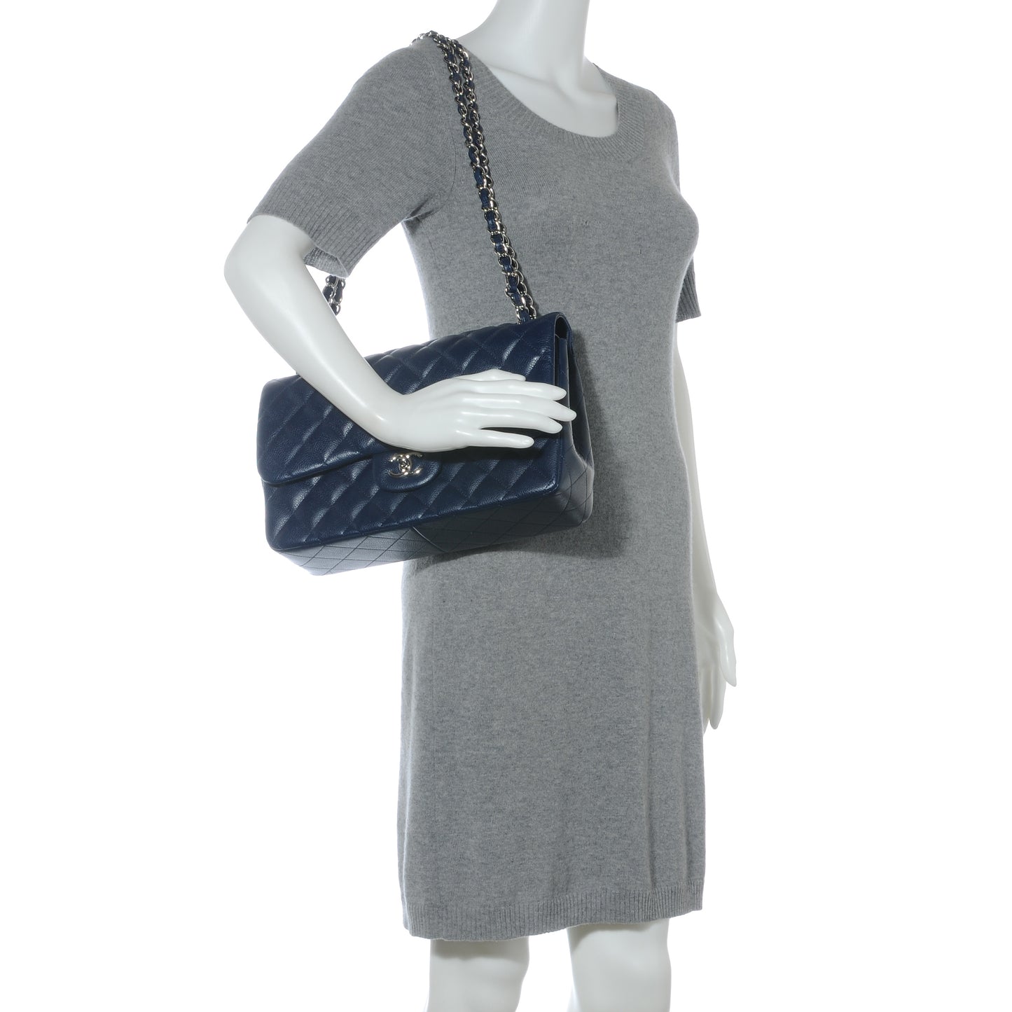 Caviar Jumbo Double Flap Navy Blue
