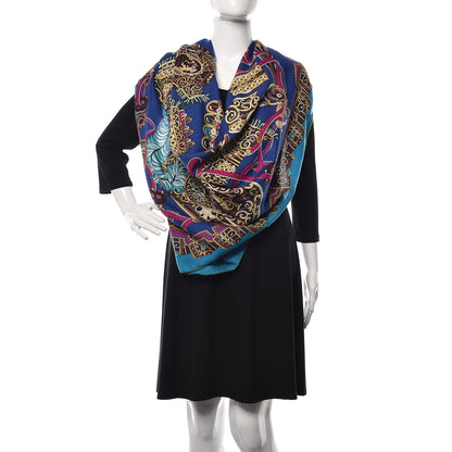 Hermes Cashmere Silk Sous L'Egide De Mars Shawl 140 Canard Bleu Nuit Fuchsia 2 of 6
