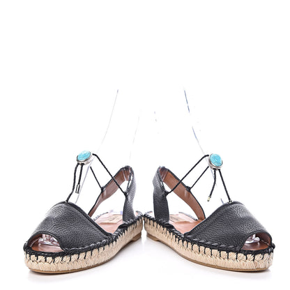 Valentino Garavani Grained Calfskin Turquoise Embellished Espadrilles 37 Black 6 of 9