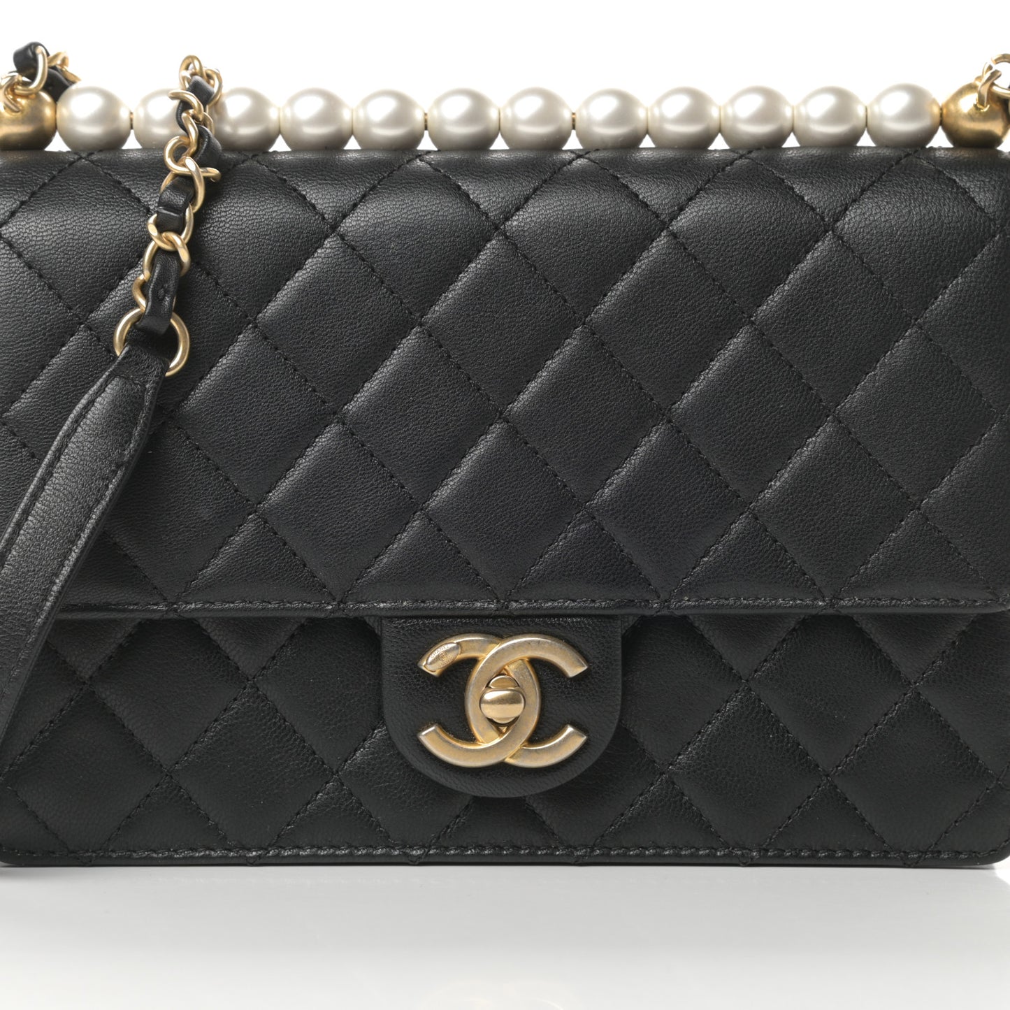 Lambskin Quilted Small Chic Pearls Flap Black
