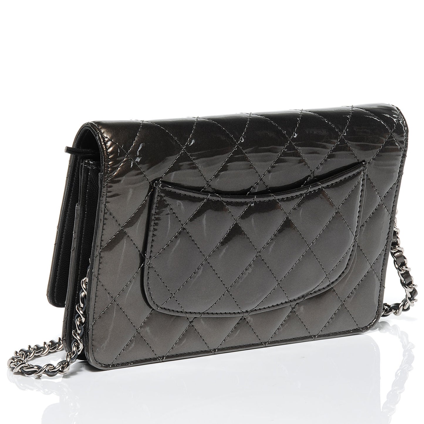 Patent Quilted Wallet On Chain WOC Dark Grey