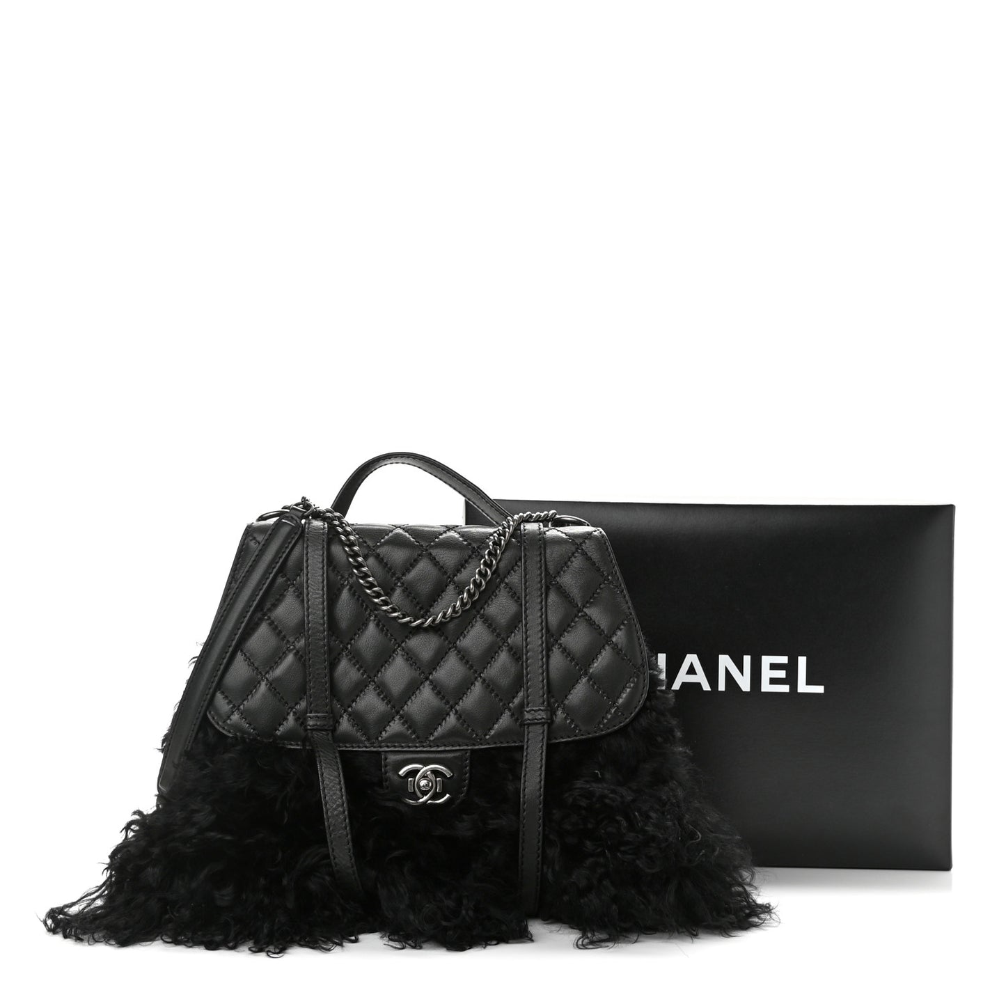 Lambskin Quilted Fur Paris Dallas Double Flap Bag Black