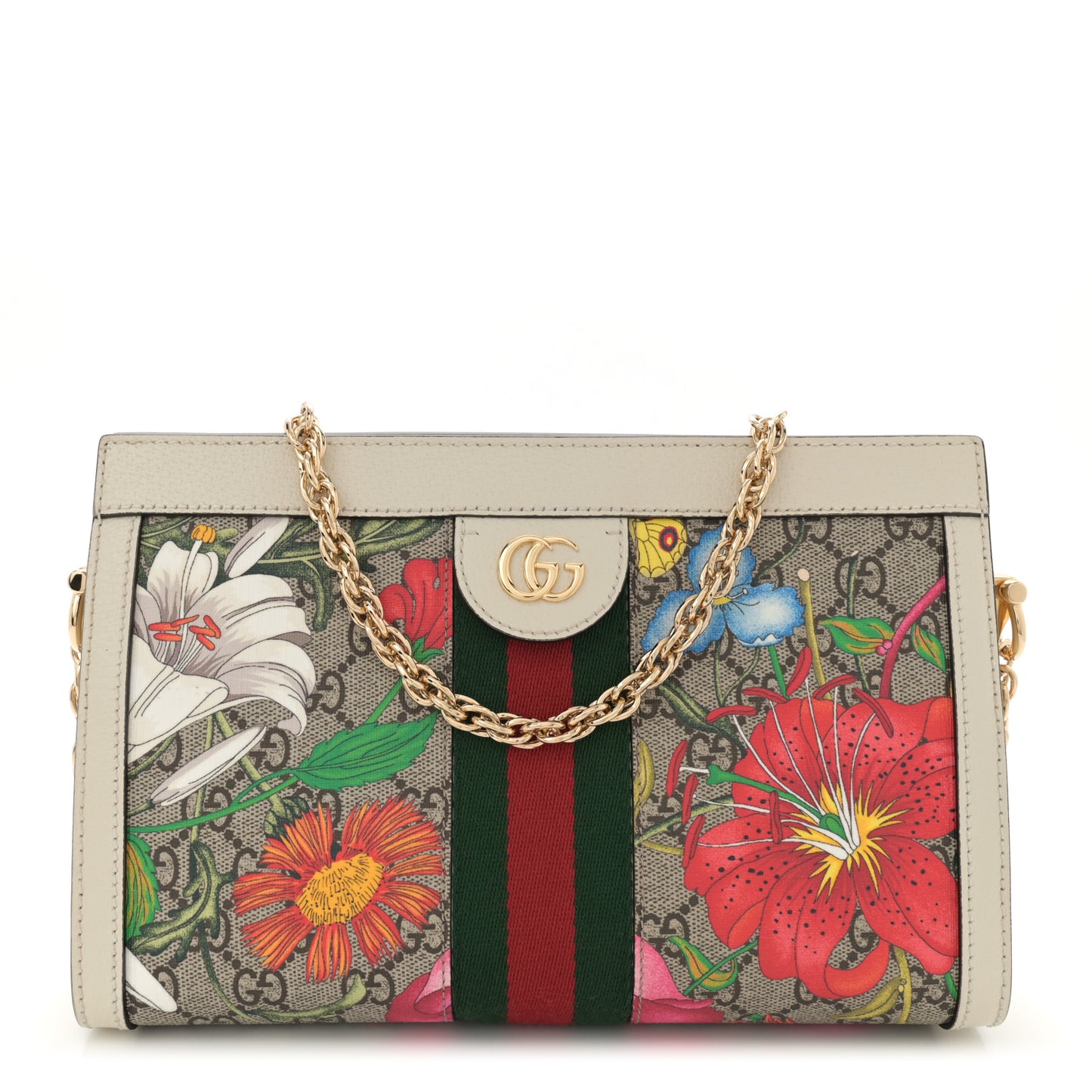 GG Supreme Monogram Flora Web Small Ophidia Chain Shoulder Bag White