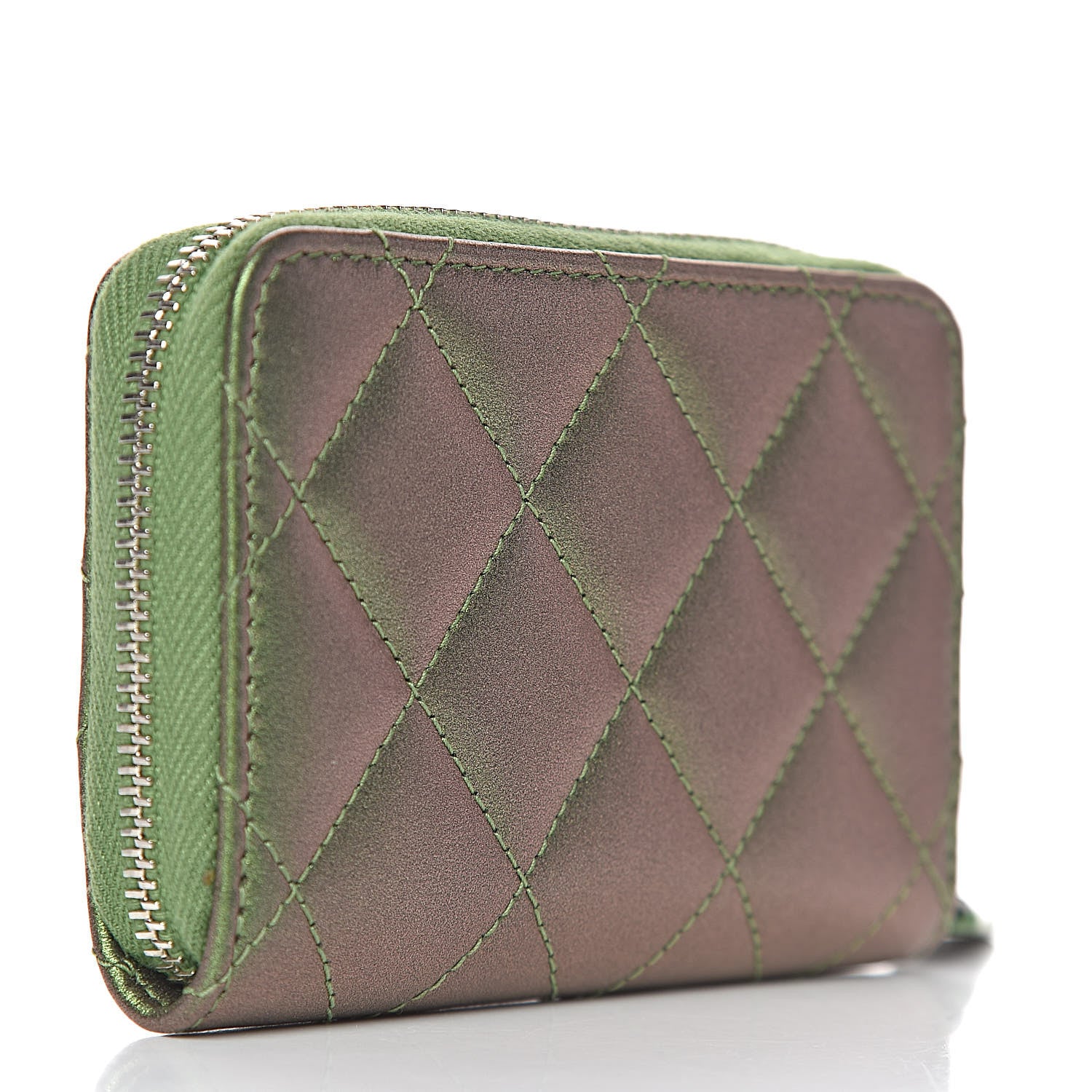 Chanel Metallic Lambskin Quilted Zip Around Coin Purse Wallet Green 3 of 8