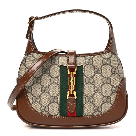 GG Supreme Monogram Azalea Calfskin Web Mini Jackie 1961 Hobo Beige Ebony Brown Sugar