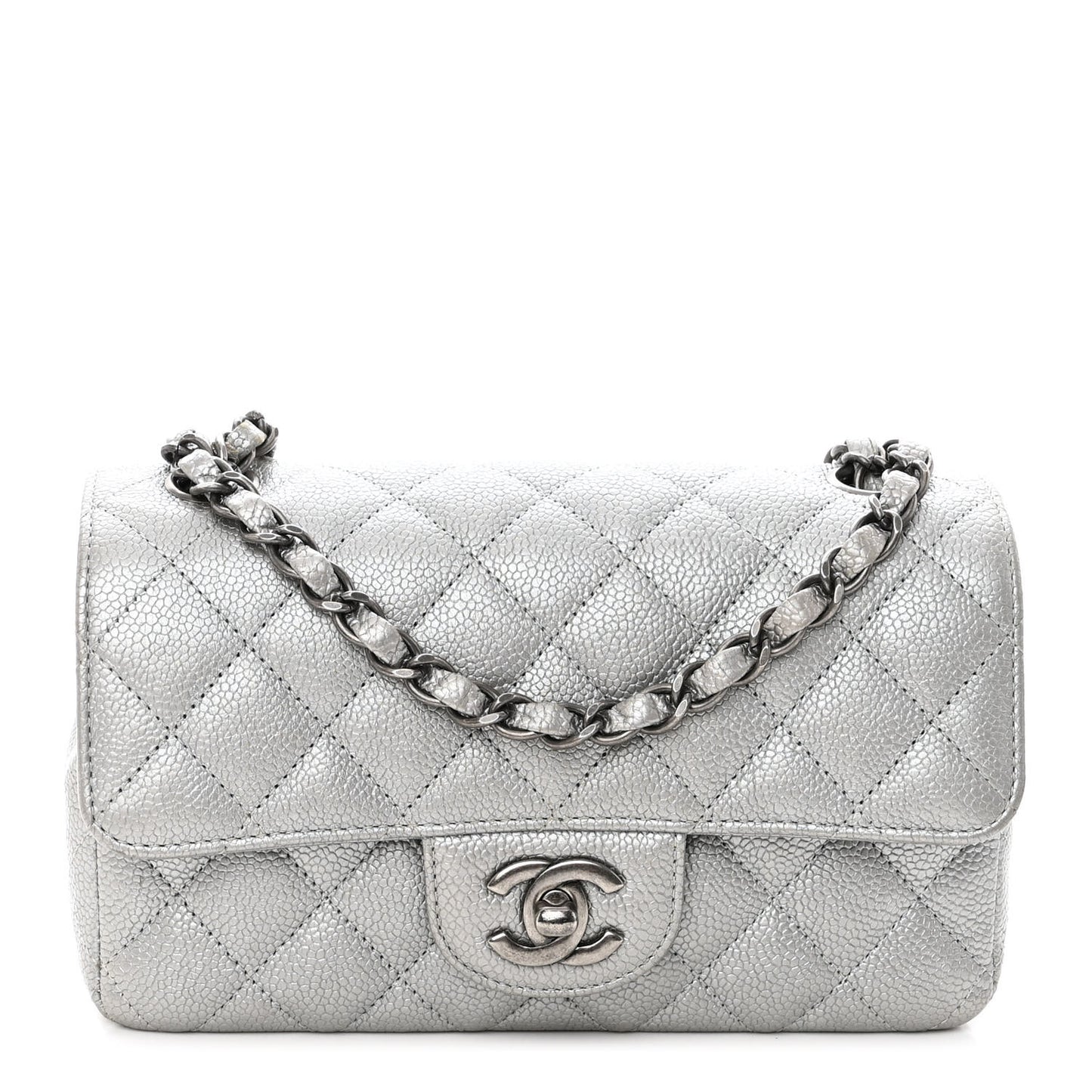 Metallic Caviar Quilted Mini Rectangular Flap Silver