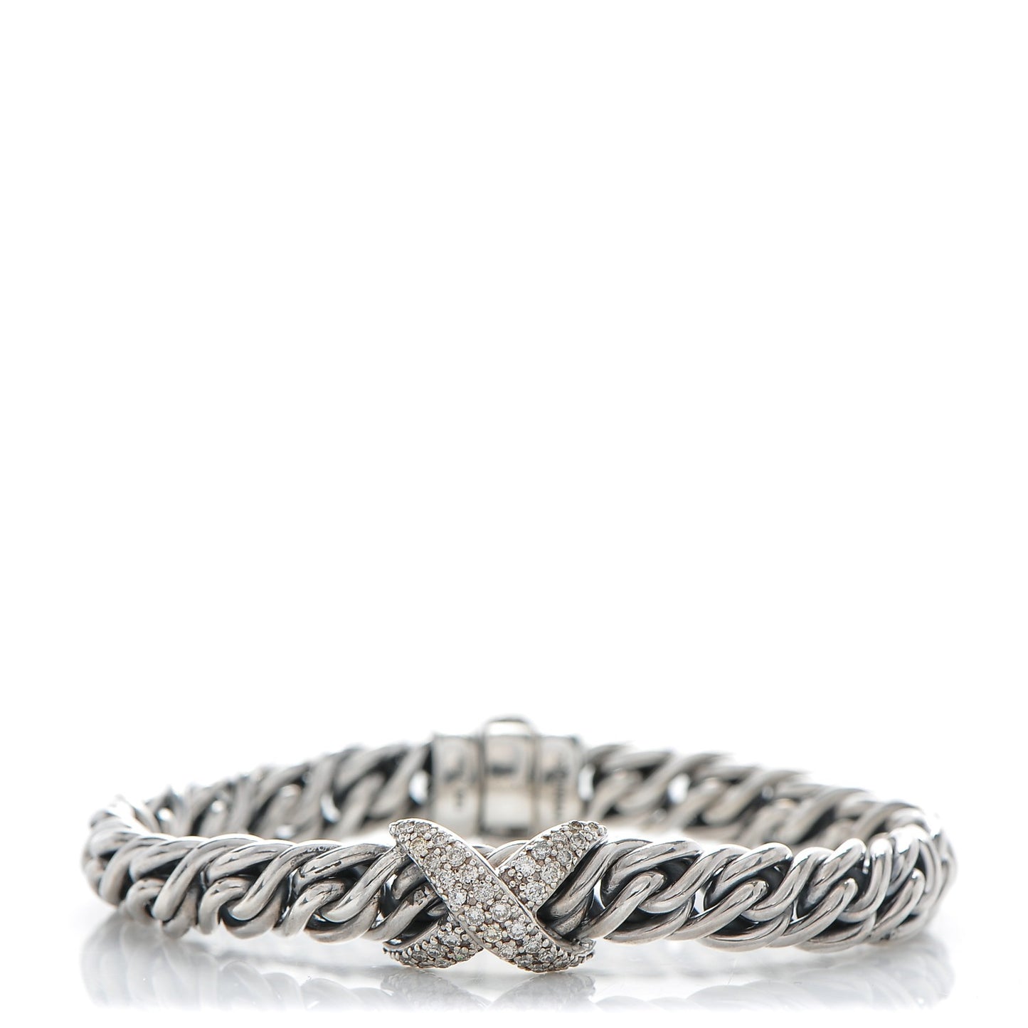 Sterling Silver 18K White Gold Diamond 9mm X Wheat Bracelet