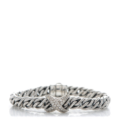 David Yurman Sterling Silver 18K White Gold Diamond 9mm X Wheat Bracelet 1 of 5