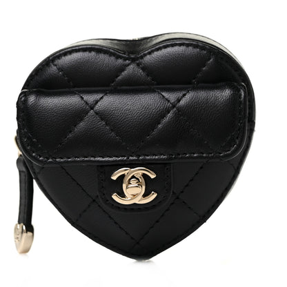 Chanel Lambskin Quilted CC In Love Heart Zipped Arm Coin Purse Black 1 of 9