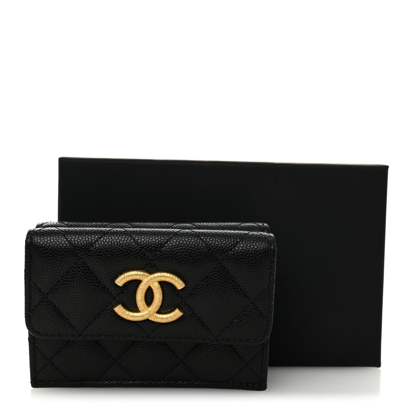 Caviar Quilted Textured CC Tri-Fold Flap Wallet Black