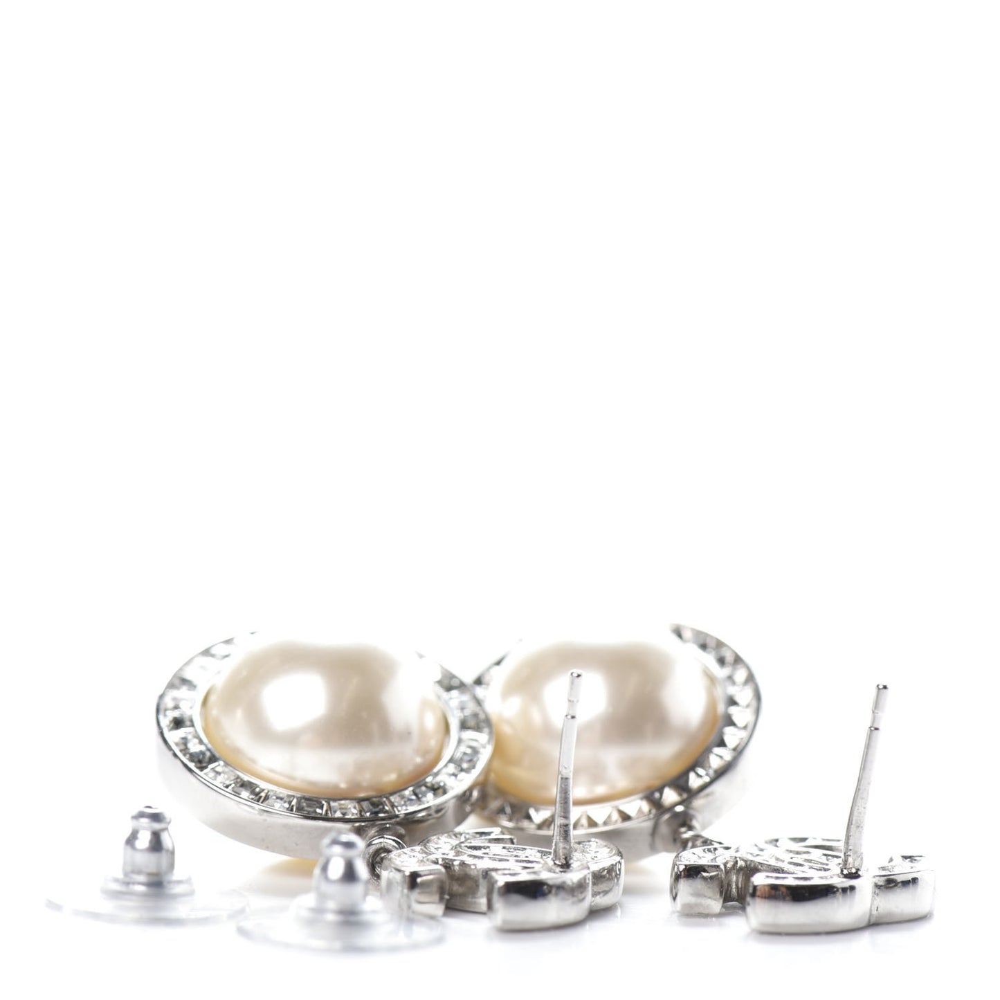 Baguette Crystal CC Pearl Drop Art Decoco Earrings Silver