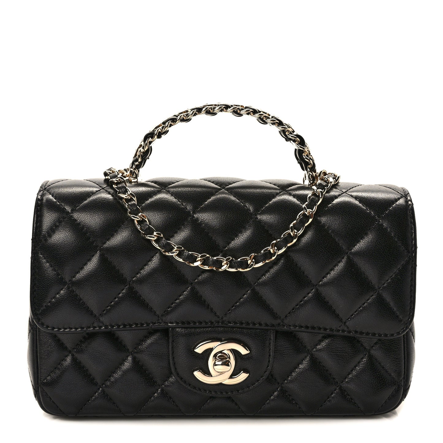 Lambskin Quilted Mini Crystal Top Handle Rectangular Flap Black