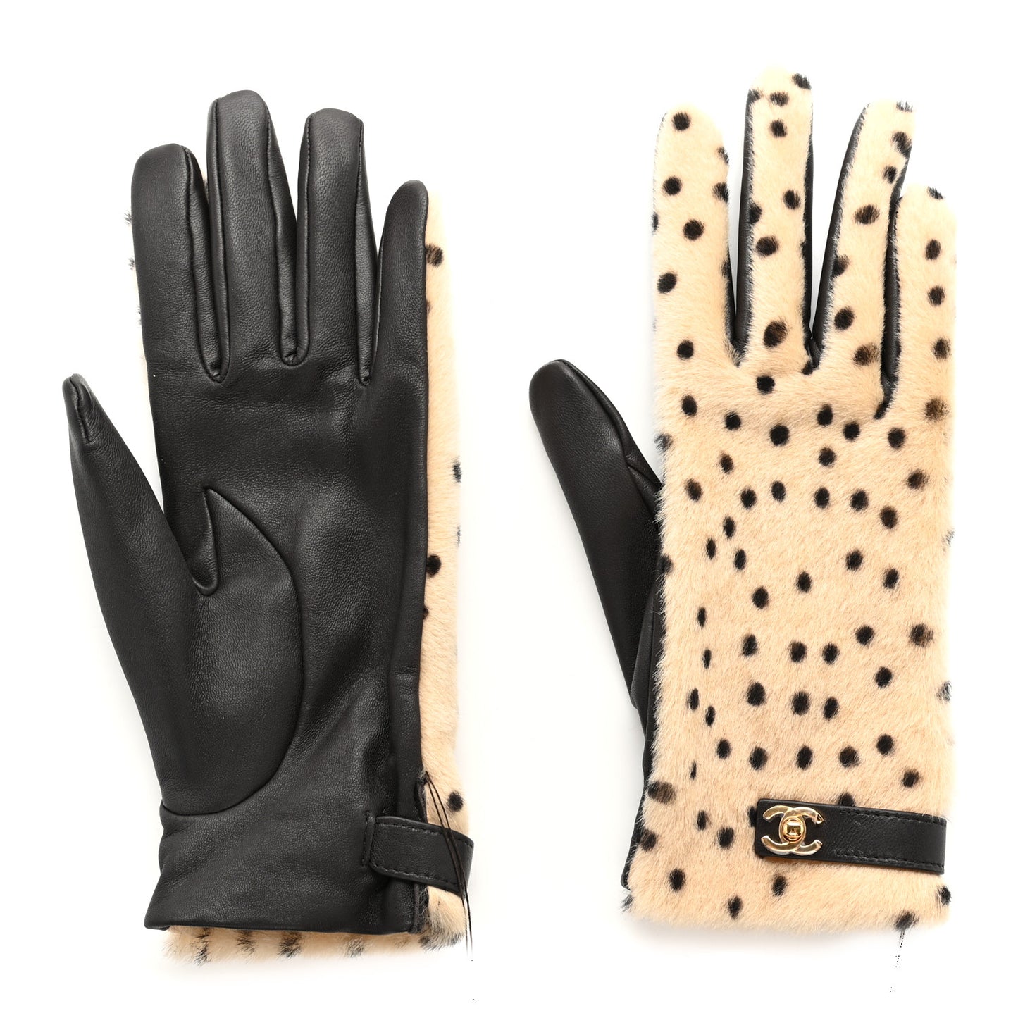 Lambskin Ponyhair Gloves 7.5 Beige Black