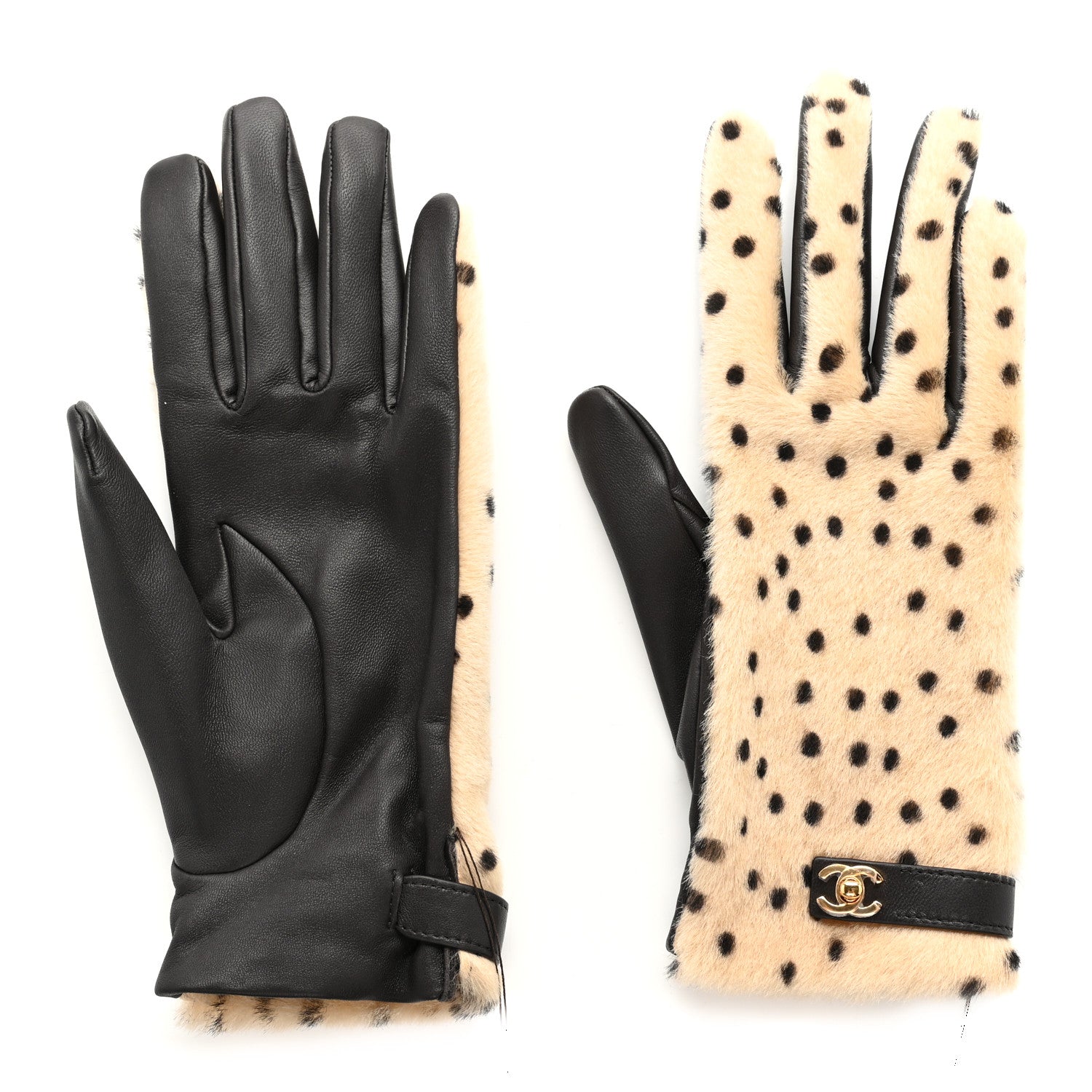 Chanel Lambskin Ponyhair Gloves 7.5 Beige Black 2 of 6