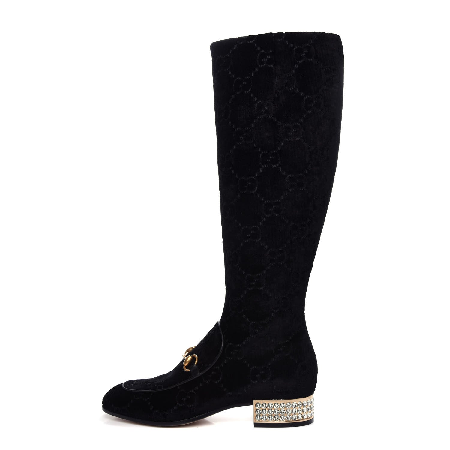 Gucci Velvet GG Monogram Crystal Horsebit Knee High Boots 37.5 Black 1 of 11