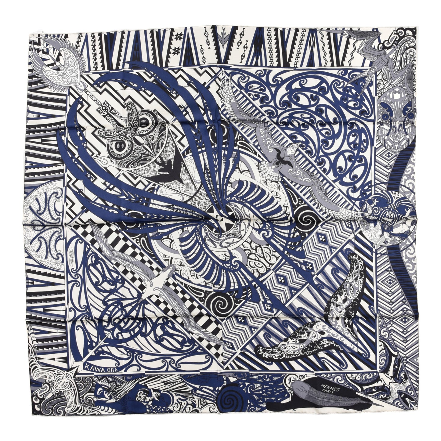 Silk Kawa Ora Scarf 90 Ivory Marine Black