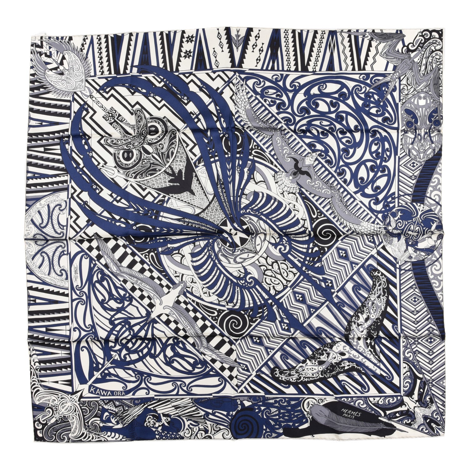 Hermes Silk Kawa Ora Scarf 90 Ivory Marine Black 1 of 6