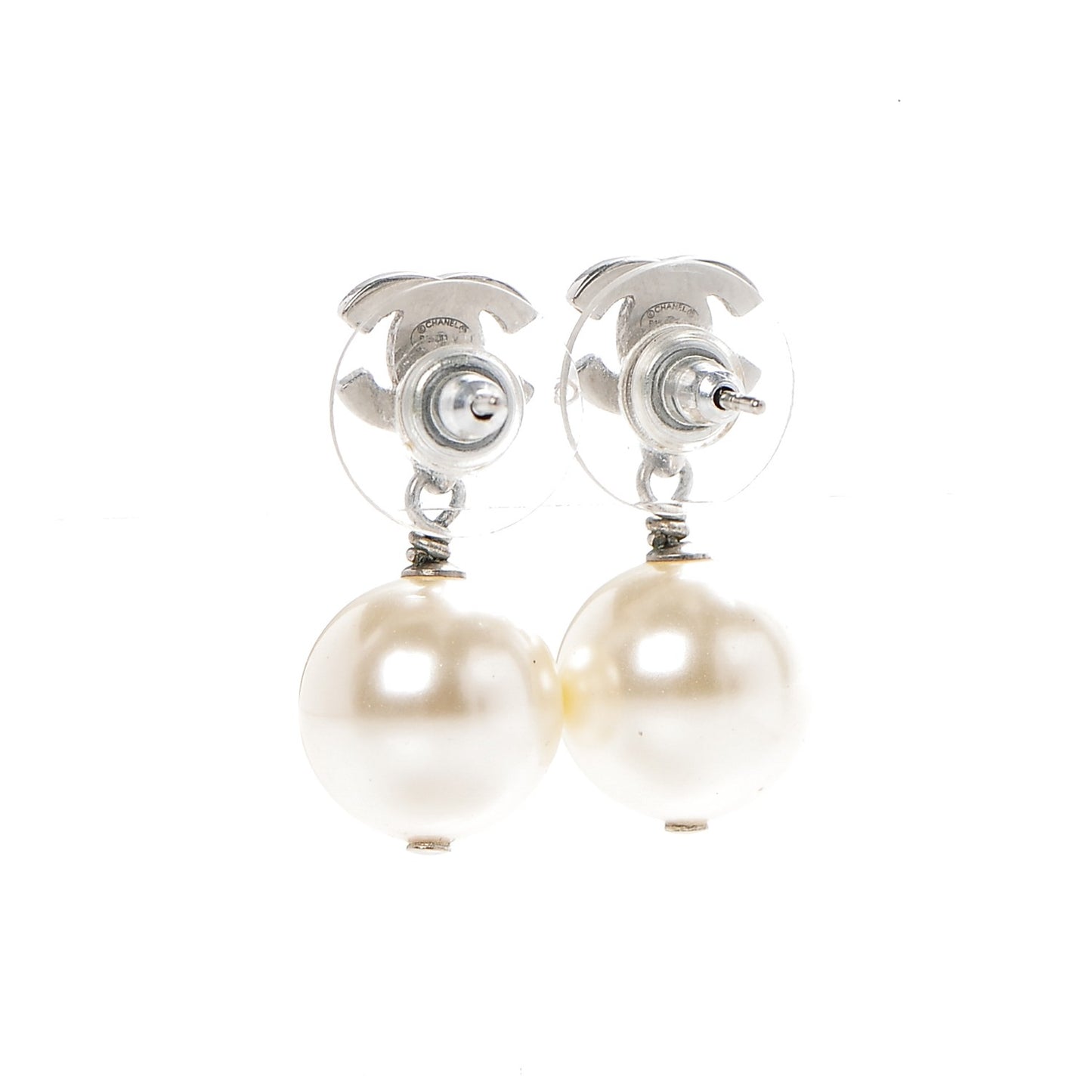 Crystal Pearl CC Drop Earrings Silver